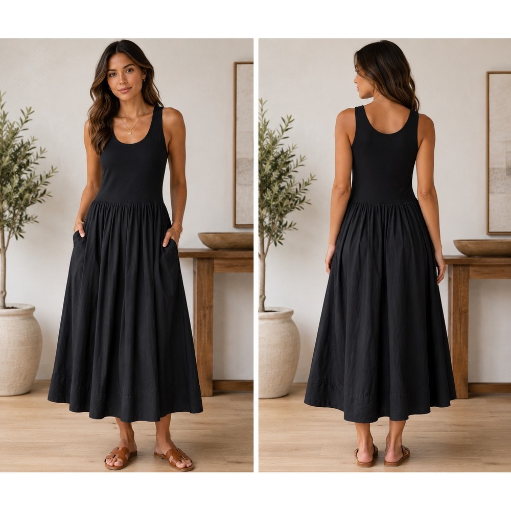 Madewell Tank Midi Dress‎ Women M Black Scoop Neck Cotton Poplin Pocket